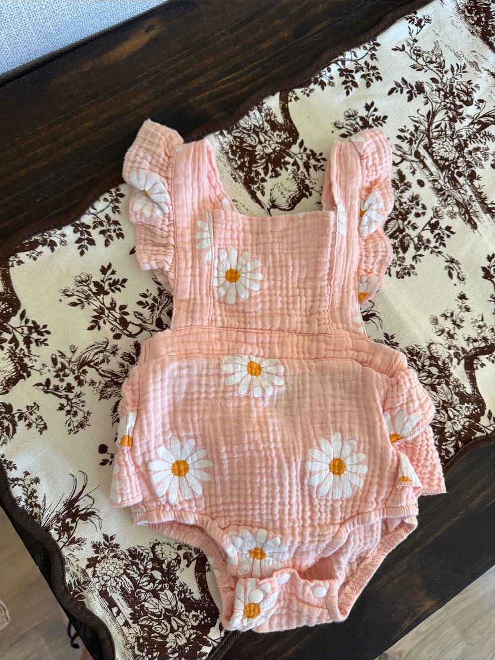 Pink Daisy Muslin Baby Romper with Ruffle Straps